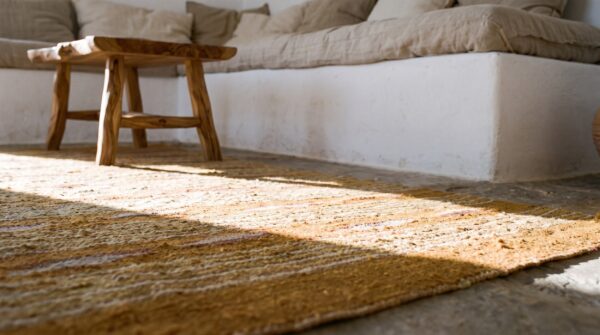 Warm casual antique navajo native american square flat weave rug 7 Warm casual antique navajo native american square flat weave rug (sku 21420) - in-room detail