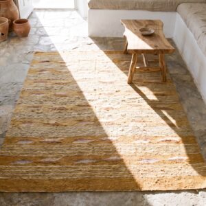 Warm Casual Antique Navajo Native American Square Flat Weave Rug (SKU 21420) - styled overhead view