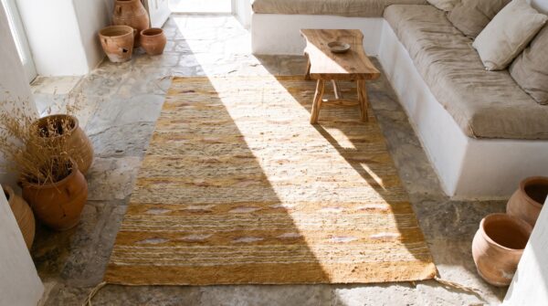 Warm casual antique navajo native american square flat weave rug 2 Warm casual antique navajo native american square flat weave rug (sku 21420) - styled overhead view
