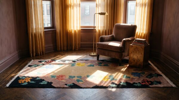 Warm antique chinese art deco small scatter size throw rug 8 Warm antique chinese art deco small scatter size throw rug (sku 24825) - room view