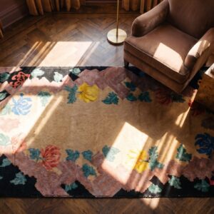 Warm Antique Chinese Art Deco Small Scatter Size Throw Rug (SKU 24825) - styled overhead view