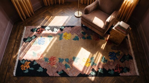 Warm antique chinese art deco small scatter size throw rug 2 Warm antique chinese art deco small scatter size throw rug (sku 24825) - styled overhead view