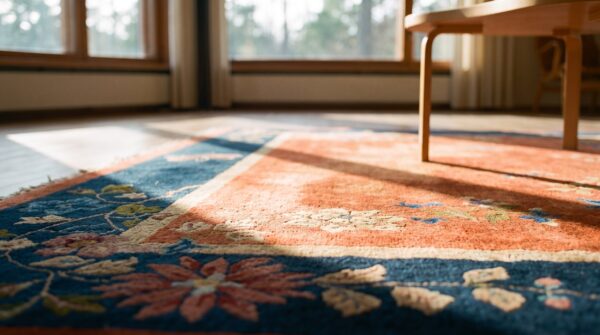 Warm coral antique floral chinese room size art deco rug 6 Warm coral antique floral chinese room size art deco rug (sku 23432) - in-room detail