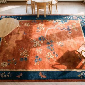 Warm Coral Antique Floral Chinese Room Size Art Deco Rug (SKU 23432) - styled overhead view