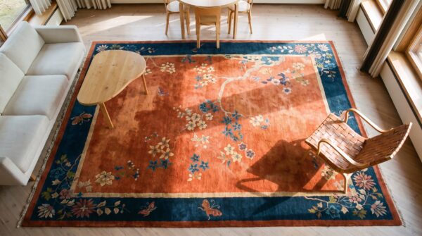 Warm coral antique floral chinese room size art deco rug 2 Warm coral antique floral chinese room size art deco rug (sku 23432) - styled overhead view