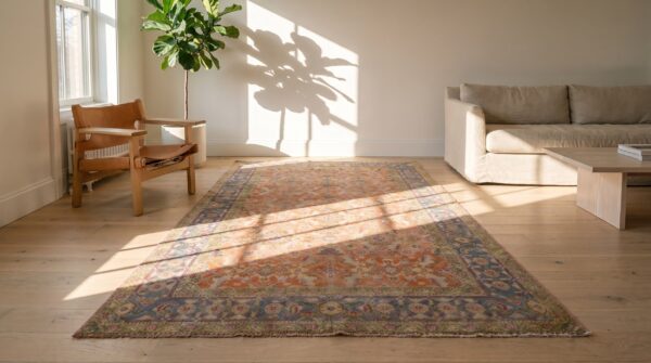Warm coral antique tribal herati pattern indian agra cotton rug 5 Warm coral antique tribal herati pattern indian agra cotton rug (sku 20127) - room view