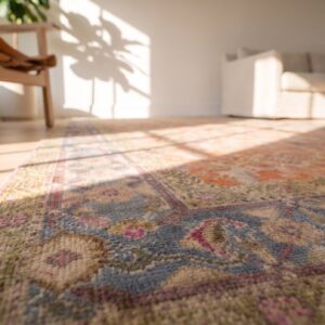 Warm Coral Antique Tribal Herati Pattern Indian Agra Cotton Rug (SKU 20127) - in-room detail