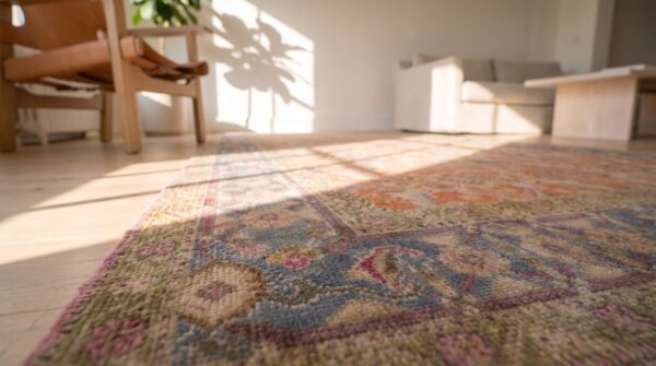 Warm coral antique tribal herati pattern indian agra cotton rug 6 Warm coral antique tribal herati pattern indian agra cotton rug (sku 20127) - in-room detail