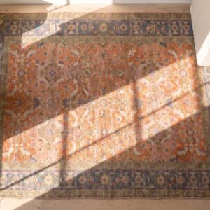Warm Coral Antique Tribal Herati Pattern Indian Agra Cotton Rug (SKU 20127) - styled overhead view