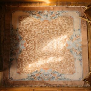 Antique Warm Cream Color Floral Cloud Band Design Chinese Peking Rug (SKU 23085) - styled overhead view