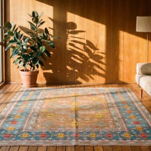 Warm Light brown Antique Tribal Geometric Small Indian Flat Weave Dhurrie Carpet (SKU 19038) - room view
