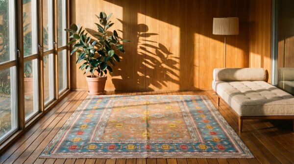 Warm light brown antique tribal geometric small indian flat weave dhurrie carpet 9 Warm light brown antique tribal geometric small indian flat weave dhurrie carpet (sku 19038) - room view