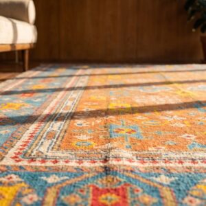 Warm Light brown Antique Tribal Geometric Small Indian Flat Weave Dhurrie Carpet (SKU 19038) - in-room detail