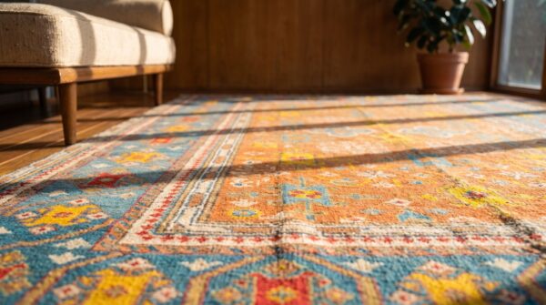 Warm light brown antique tribal geometric small indian flat weave dhurrie carpet 10 Warm light brown antique tribal geometric small indian flat weave dhurrie carpet (sku 19038) - in-room detail