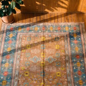 Warm Light brown Antique Tribal Geometric Small Indian Flat Weave Dhurrie Carpet (SKU 19038) - styled overhead view