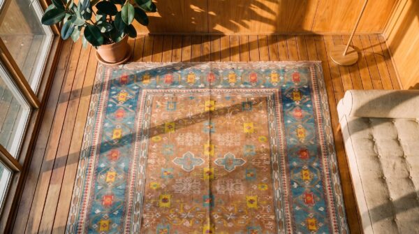 Warm light brown antique tribal geometric small indian flat weave dhurrie carpet 2 Warm light brown antique tribal geometric small indian flat weave dhurrie carpet (sku 19038) - styled overhead view