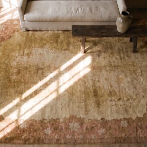 Warm Light Washed Out Cream Color Minimalist Open Field Antique Chinese Deco Rug (SKU 21868) - styled overhead view