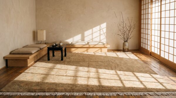 Warm neutral earthy color antique faded cloud band design large chinese deco rug 6 Warm neutral earthy color antique faded cloud band design large chinese deco rug (sku 21284) - room view