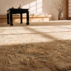 Warm Neutral Earthy Color Antique Faded Cloud Band Design Large Chinese Deco Rug (SKU 21284) - in-room detail