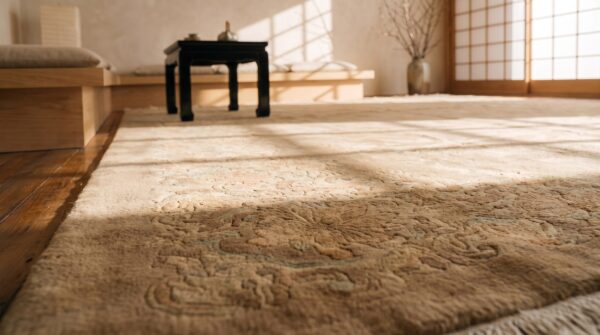 Warm neutral earthy color antique faded cloud band design large chinese deco rug 7 Warm neutral earthy color antique faded cloud band design large chinese deco rug (sku 21284) - in-room detail