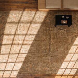 Warm Neutral Earthy Color Antique Faded Cloud Band Design Large Chinese Deco Rug (SKU 21284) - styled overhead view