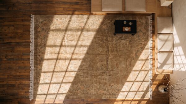 Warm neutral earthy color antique faded cloud band design large chinese deco rug 2 Warm neutral earthy color antique faded cloud band design large chinese deco rug (sku 21284) - styled overhead view