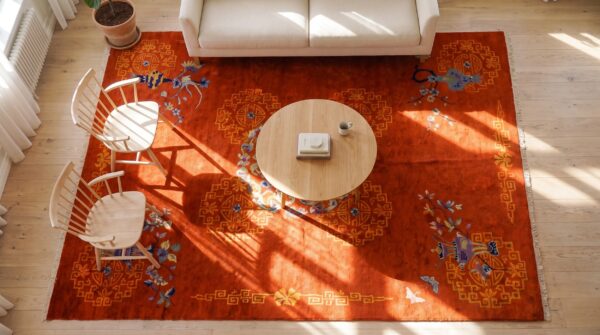 Warm red antique chinese art deco area rug 2 Warm red antique chinese art deco area rug (sku 24427) - styled overhead view