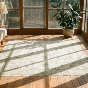 Washed Out Decorative Light Ivory Color Antique Small Floral Cotton Agra Rug From India (SKU 19458) - room view