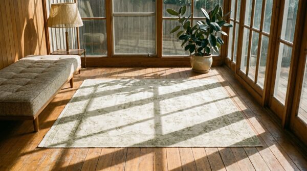 Washed out decorative light ivory color antique small floral cotton agra rug from india 9 Washed out decorative light ivory color antique small floral cotton agra rug from india (sku 19458) - room view