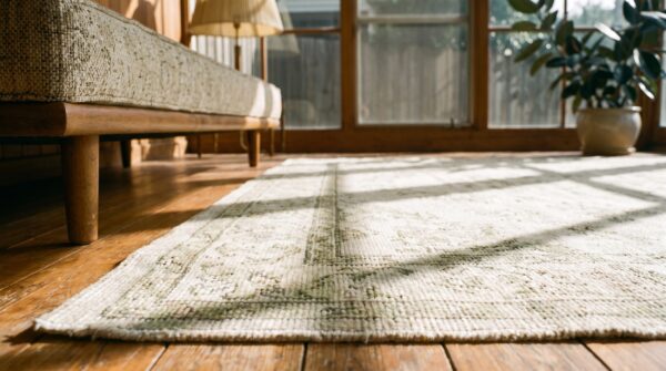 Washed out decorative light ivory color antique small floral cotton agra rug from india 10 Washed out decorative light ivory color antique small floral cotton agra rug from india (sku 19458) - in-room detail