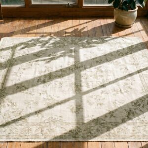 Washed Out Decorative Light Ivory Color Antique Small Floral Cotton Agra Rug From India (SKU 19458) - styled overhead view