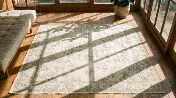 Washed out decorative light ivory color antique small floral cotton agra rug from india 2 Washed out decorative light ivory color antique small floral cotton agra rug from india (sku 19458) - styled overhead view