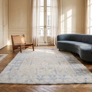Washed Out Light Blue and While Antique Indian Agra Cotton Rug (SKU 21356) - room view
