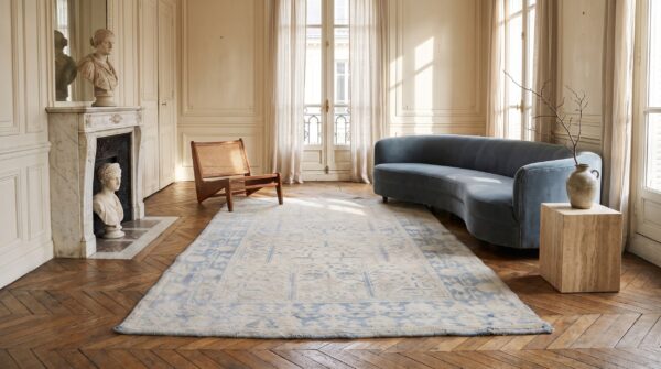 Washed out light blue and while antique indian agra cotton rug 6 Washed out light blue and while antique indian agra cotton rug (sku 21356) - room view