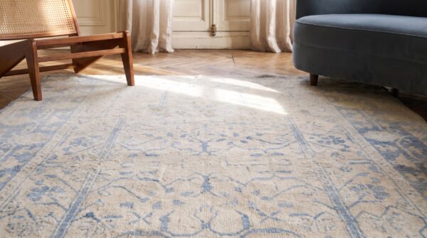 Washed out light blue and while antique indian agra cotton rug 7 Washed out light blue and while antique indian agra cotton rug (sku 21356) - in-room detail