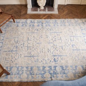 Washed Out Light Blue and While Antique Indian Agra Cotton Rug (SKU 21356) - styled overhead view