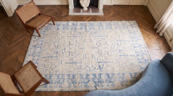 Washed out light blue and while antique indian agra cotton rug 2 Washed out light blue and while antique indian agra cotton rug (sku 21356) - styled overhead view