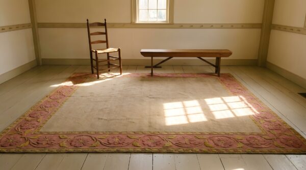Washed out light cream and rose color big antique chinese deco rug (sku 23686) - room view