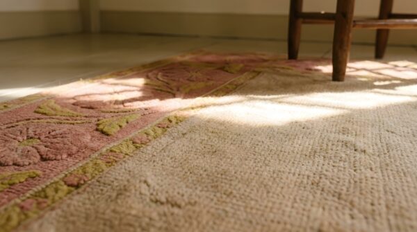 Washed out light cream and rose color big antique chinese deco rug (sku 23686) - in-room detail