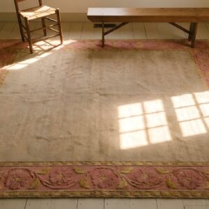 Washed Out Light Cream and Rose Color Big Antique Chinese Deco Rug (SKU 23686) - styled overhead view