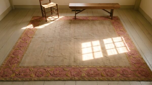 Washed out light cream and rose color big antique chinese deco rug (sku 23686) - styled overhead view