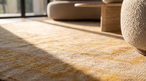 Washed out light yellow antique herati pattern cotton agra rug 8 Washed out light yellow antique herati pattern cotton agra rug (sku 21054) - in-room detail