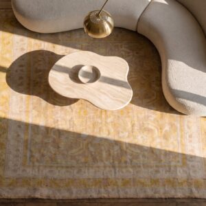 Washed Out Light Yellow Antique Herati Pattern Cotton Agra Rug (SKU 21054) - styled overhead view