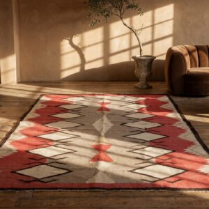 Whimsical Tribal Geometric Antique Flatweave Navajo Native American Kilim Rug (SKU 21442) - room view