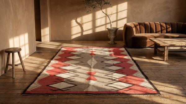 Whimsical tribal geometric antique flatweave navajo native american kilim rug 5 Whimsical tribal geometric antique flatweave navajo native american kilim rug (sku 21442) - room view