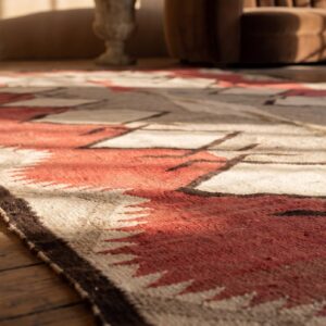 Whimsical Tribal Geometric Antique Flatweave Navajo Native American Kilim Rug (SKU 21442) - in-room detail