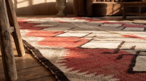 Whimsical tribal geometric antique flatweave navajo native american kilim rug 6 Whimsical tribal geometric antique flatweave navajo native american kilim rug (sku 21442) - in-room detail