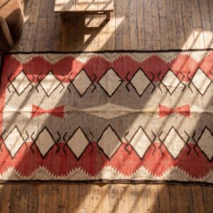 Whimsical Tribal Geometric Antique Flatweave Navajo Native American Kilim Rug (SKU 21442) - styled overhead view