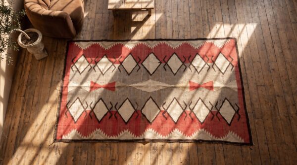 Whimsical tribal geometric antique flatweave navajo native american kilim rug 2 Whimsical tribal geometric antique flatweave navajo native american kilim rug (sku 21442) - styled overhead view