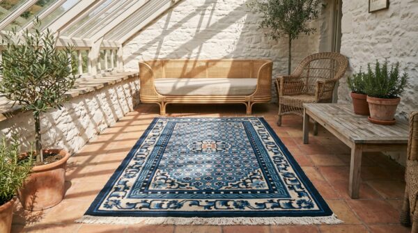 Antique white and blue color hand knotted wool pile allover chinese rug 6 Antique white and blue color hand knotted wool pile allover chinese rug (sku 22020) - room view